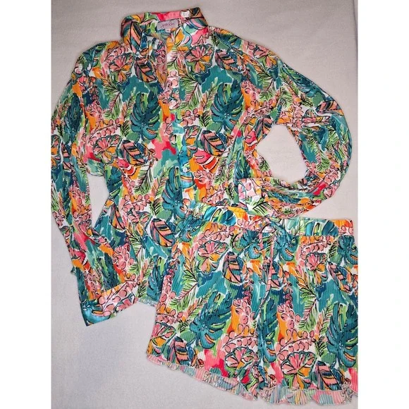 Jess Lea Tropical Floral Pleated Two Piece Set Shirt and Shorts Teal Pink Medium