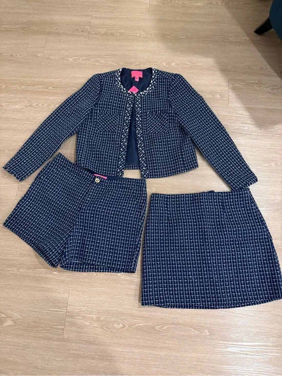 Lilly Pulitzer Navy and White Pearl-Embellished Tweed Jacket