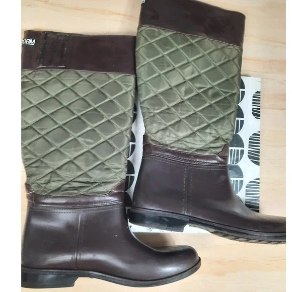 Cougar Storm Women Brown Olive‎ Green Quilted Tall Rubber Rain Boots Size 8