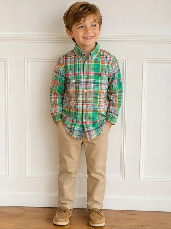 Ralph Lauren Boys Green Plaid Button Front Shirt | Classic Preppy Cotton | 5