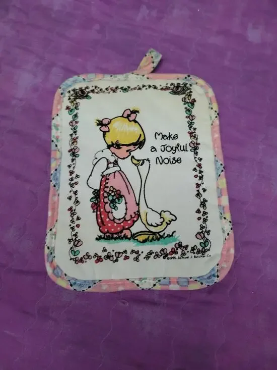 Precious Moments Pot Holder Girl Goose Pastel Patchwork Backing Kitchen VTG 1990
