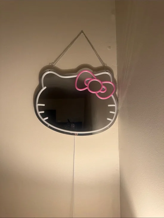 Pink & White Cat-Shaped Wall Mirror with Bow Accent