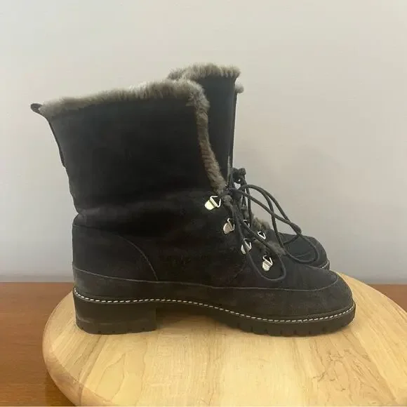 Stuart Weitzman Luge Fur Lined Dark Blue Suede Lace‎ Up Boots Women’s Size 8.5 M