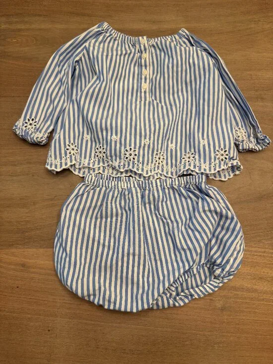 Ralph Lauren Baby Blue Striped Eyelet Top & Bloomer Set - 6 Months