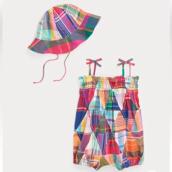NWT Polo Ralph Lauren Baby Girl’s Madras Bubble Shortall & Hat Set Summer Preppy