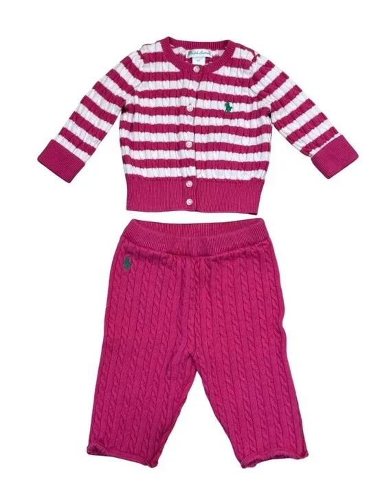 Ralph Lauren Baby Girls Pink & White Cable Knit Cardigan And Pants Set 6M