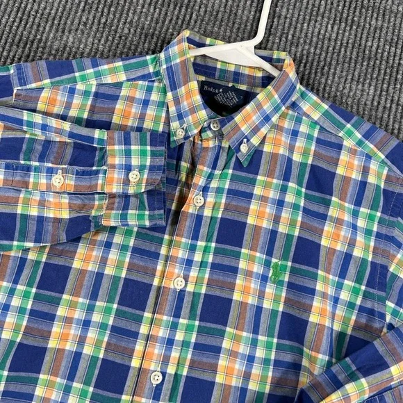 Ralph Lauren Shirt Youth Boys Large Blue Green Plaid Long Sleeve Button Down