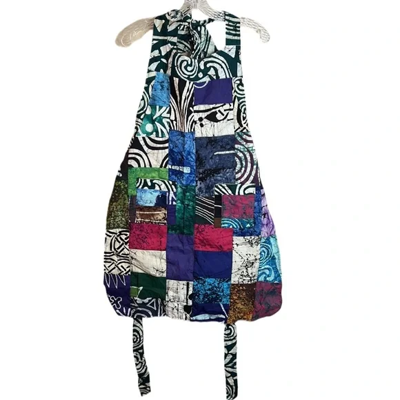 Patchwork Apron Vibrant Colors‎ and Designs Blue White Casual Kitchen Linen