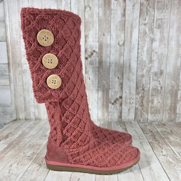 UGG Australia‎ Knit Tall Boots Rose Gold Metallic Buttons Womens Size 6