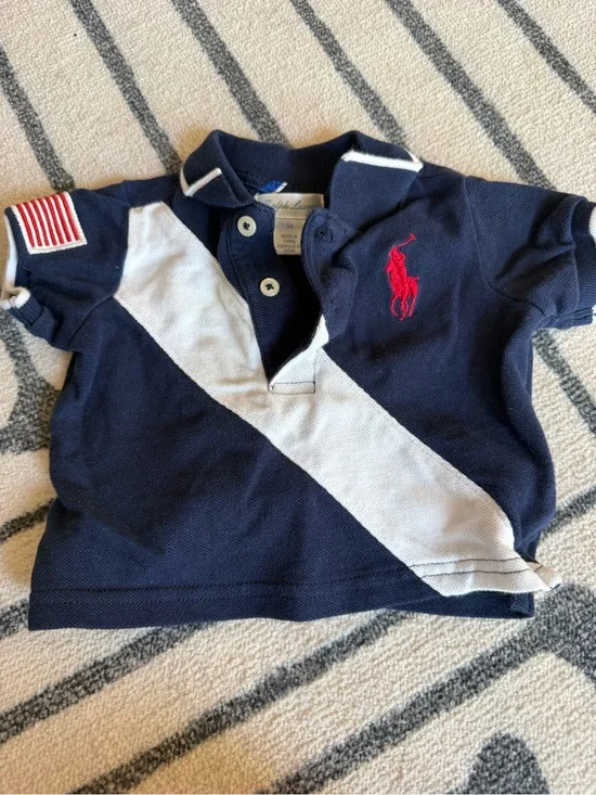 Ralph Lauren Navy Polo with White Diagonal Stripe and Red Pony