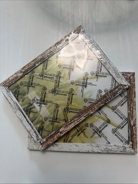 5x7 Set of 2 Rustic White and Brown Picture Framed Wall Faux Wood Plastic Center