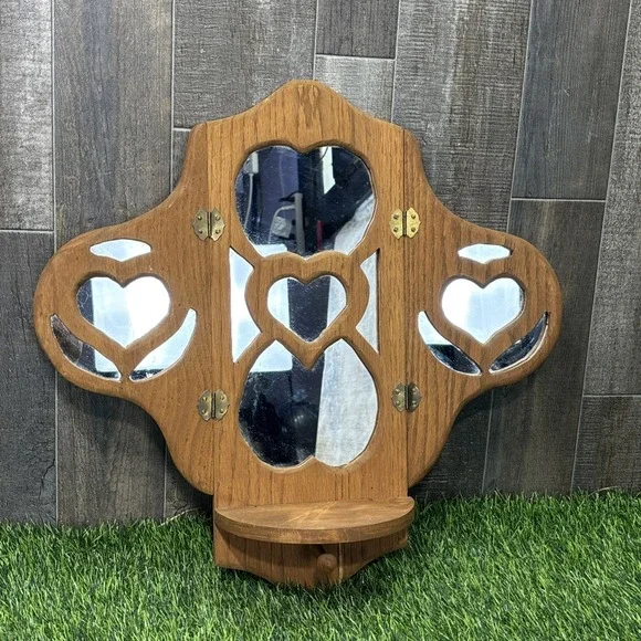 Vintage Wood Wall Mirror Shelf Heart Cutout‎ MCM Cottage Decor Glass