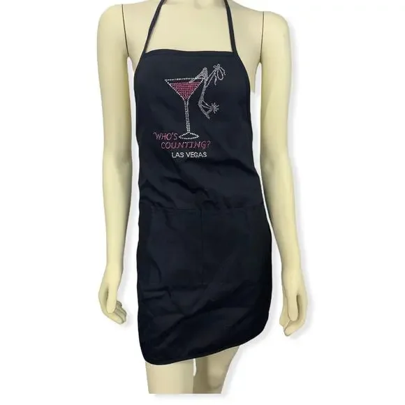 Who's Counting Las Vegas Martini & Heel rhinestone Apron 2 pockets tie back