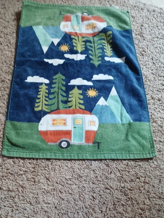 Camping Camper Print Kitchen Towel - Green & Navy