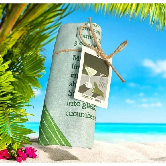 Tag Linen Dish Tea Towel Cucumber Dill Martini Recipe. Made In India  2 Pack