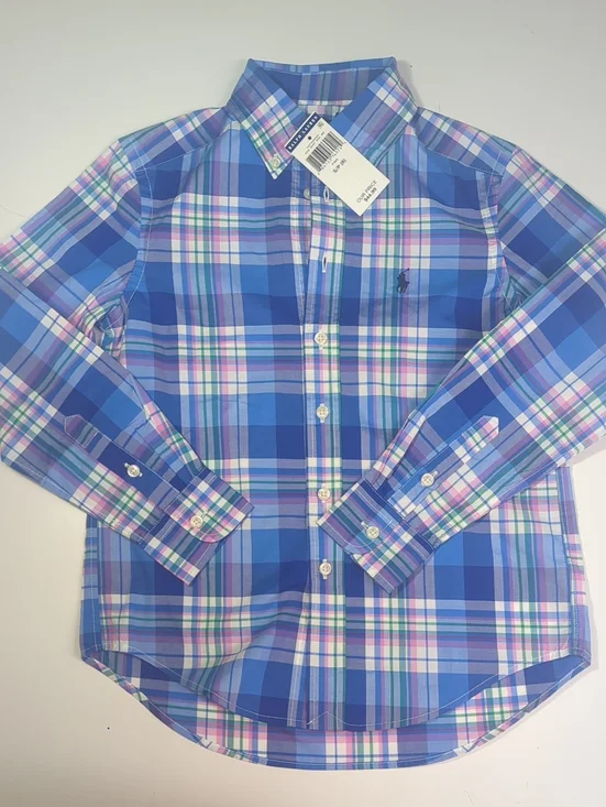 NWT Ralph Lauren Boys Blue Plaid Button Down Shirt Size 8