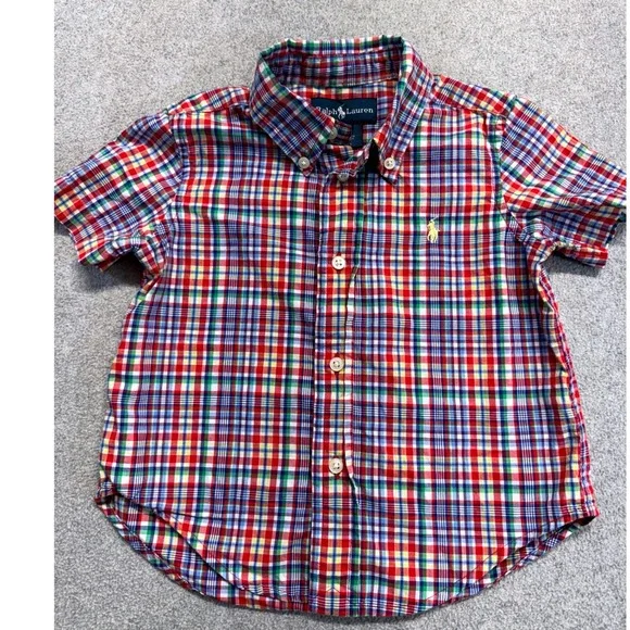 Ralph Lauren Baby Boy 18M Plaid Button Front Shirt Short Sleeve Pony Logo Cotton