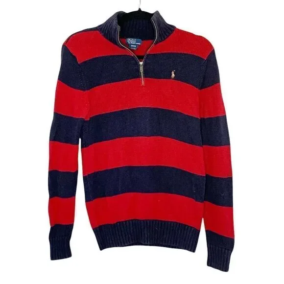 Ralph Lauren Polo Boy’s 1/4 Zip Navy Blue & Red Cotton Sweater Size Large 16-18
