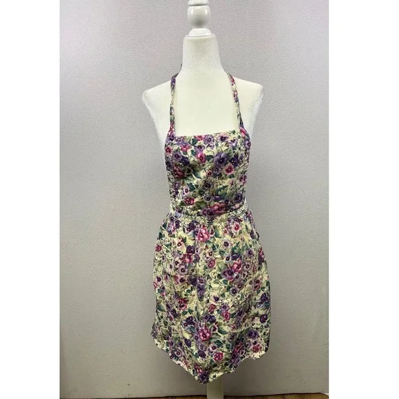 Cottagecore Grandma Womens Purple Floral Pansy Halter Neck Tie Waist Apron‎