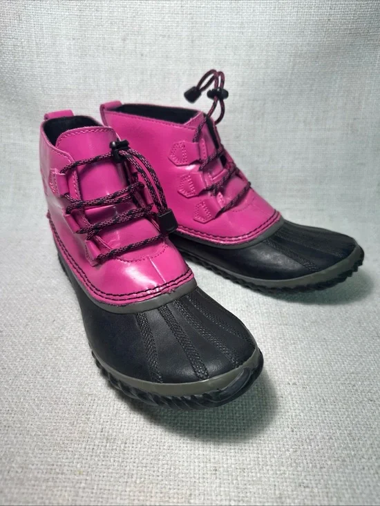 Sorel Out N About Duck Boots Women's Sz 6 Black Pink Rubber Rainboot