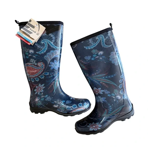 NWT Kamik Womens Blue Paisley Floral Waterproof Tall Rain Boots‎ Size 6