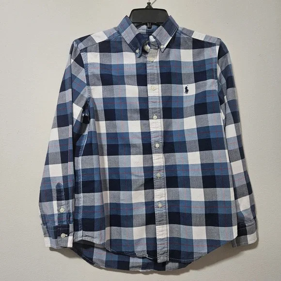 Ralph Lauren Boys Blue White Plaid Button Down Shirt Size Large‎ 14-16 L/G Pony