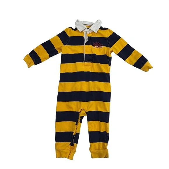 Ralph Lauren Kids Yellow Navy Striped Rugby Romper 6M Preppy Cotton One Piece