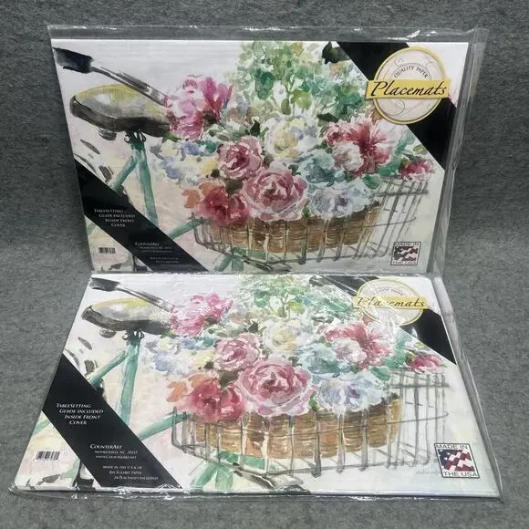 48 Counter Art Recyclable Paper Placemats Flowers Basket Bicycle USA 17