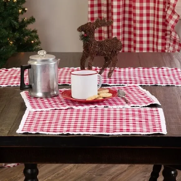 NEW! Farmhouse Red Buffalo Plaid Set of SIX Cotton Placemats Ruffled