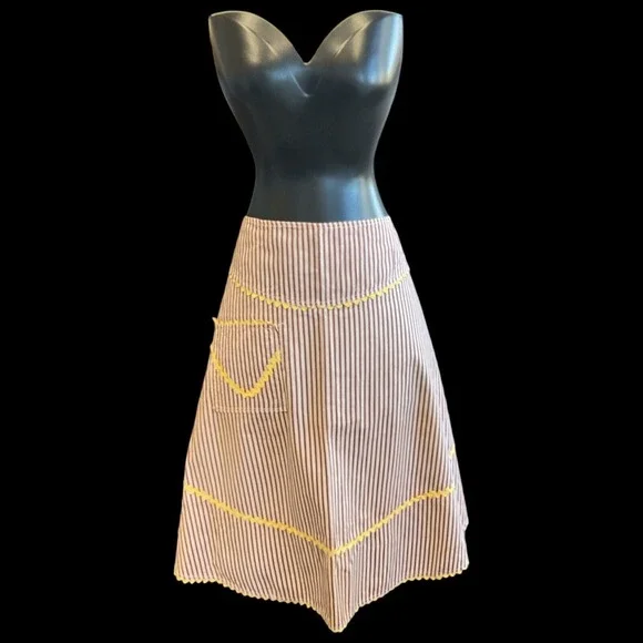 Vintage Apron Handmade Pocket Brown‎ Candy Stripe Yellow Rick Rack