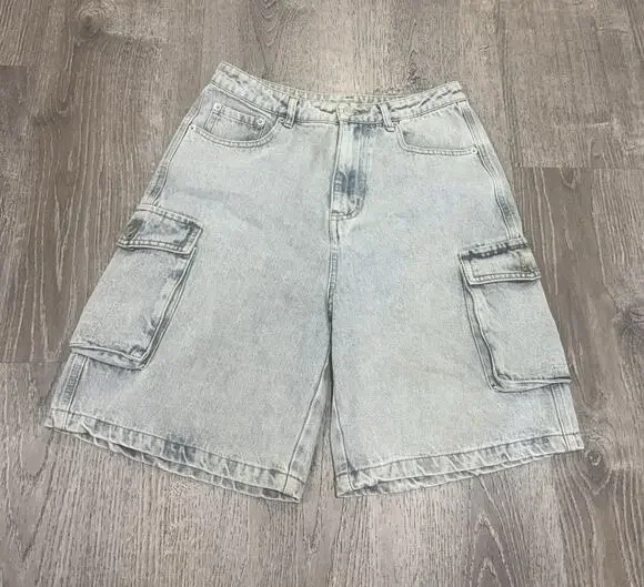 Beige Botany Women High Waisted Denim Cargo Bermudas Shorts Size S