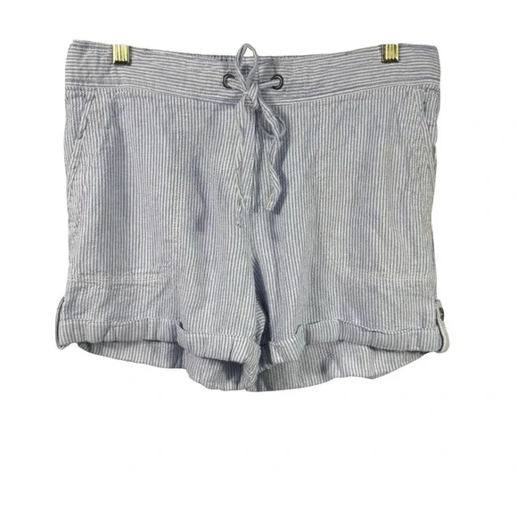 Per Se Womens Blue White Striped Linen‎ Blend Drawstring Shorts Cuffed Hem
