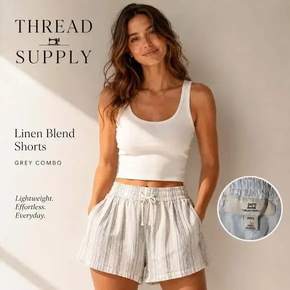 Thread Supply Linen Blend Drawstring Shorts in Grey Combo