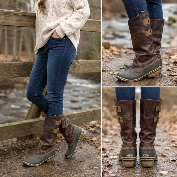 Sorel Slimpack NL2321 Tall Waterproof Duck Boots Brown Leather Riding Womens 8.5