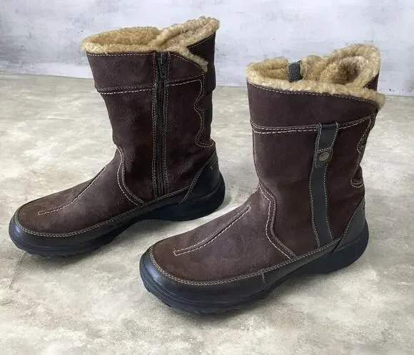 Clarks Andes Fortune Suede Boots Brown Women’s Side Zip Size 9M Faux Fur Lining