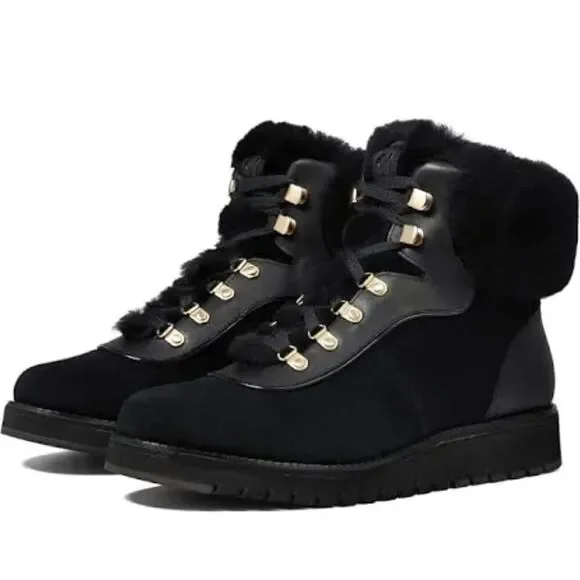 Cole Haan Winter Fur Boots Size 7.5B Womens Waterproof Black‎ Lugged Sole