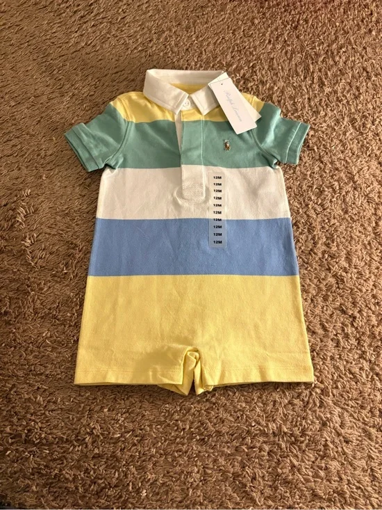 Ralph Lauren Pastel Stripe Polo Romper in Yellow, Blue, Mint, White