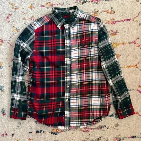 Ralph Lauren Flannel Shirt Boys Medium 10 12 Red and Green Plaid Patchwork