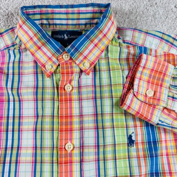 Ralph Lauren Boy Large Madras Plaid Button Down Shirt Multicolor Cotton Long Slv