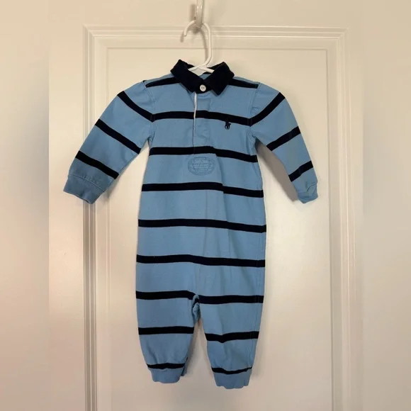 Ralph Lauren Boys Striped Rugby Cotton Coverall Blue Size 6 Months