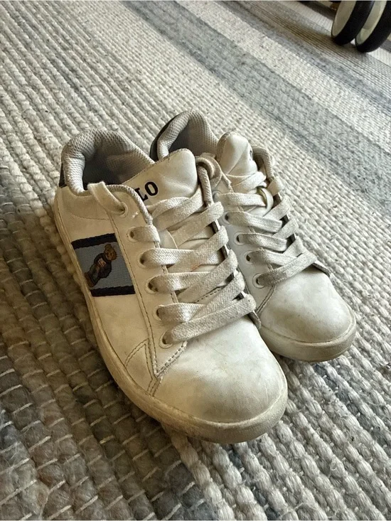 Ralph Lauren Kids White Sneakers with Blue Side Stripe and Bear Patch