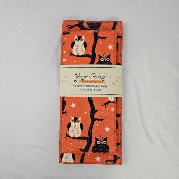 Summerween Owl Drying Mat Set of 2 Orange Microfiber NEW Joanna Parker Decor