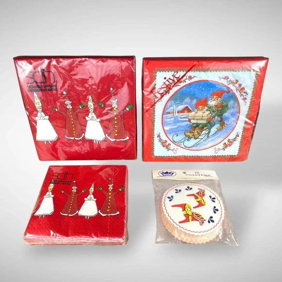 Scandinavian NOS Paper Napkins & Coasters Vintage Dala‎ Horse Gnomes Lucia