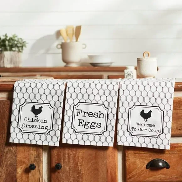 NEW! Farmhouse Set of 3 Cotton Kitchen Towels Chicken Eggs Rooster Wire Country