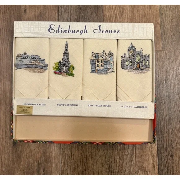 Vintage Set of 4 Edinburgh Souvenir Tea Towel ‎ 100% Linen NIB
