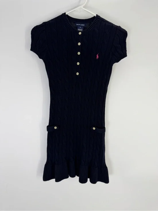 Ralph Lauren Girls Navy Cable Knit Short Sleeve Sweater Dress Medium