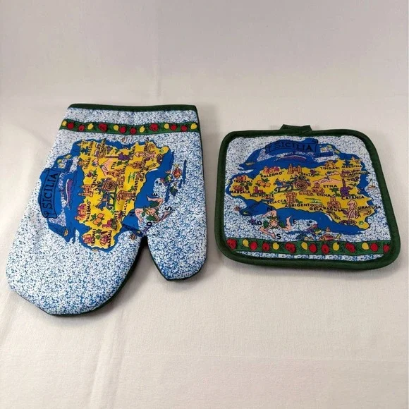 Vintage‎ Sicily Sicilia Souvenir Map Oven Mitt and Pot Holder  NWOT