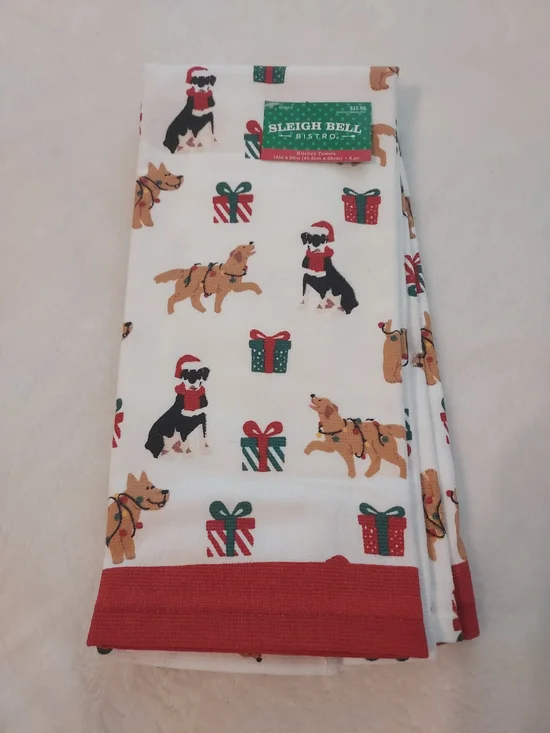 Sleigh Bell Bistro Quirky Holiday Dog Print Kitchen Towels White & Red Trim