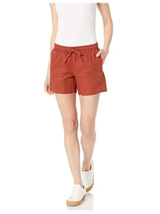 Womens Linen Blend Shorts Drawstring Elastic Waist Terracotta Summer Casual 5in