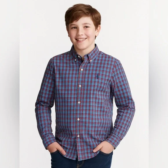 Ralph Lauren Boys Button Up Shirt Classic Blue Plaid Long Sleeve Youth Sz 14-16